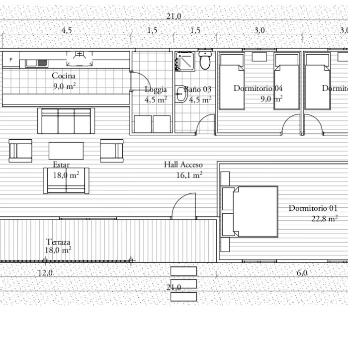 Plano planta - casa modular prefabricada 140M2